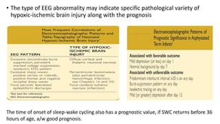• The type of EEG abnormality may indicate specific pathological variety of
hypoxic-ischemic brain injury along with the prognosis
The time of onset of sleep-wake cycling also has a prognostic value, if SWC returns before 36
hours of age, a/w good prognosis.
 