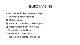 NEUROIMAGING
• Used to identify key neuropathologies
- Selective neuronal necrosis:
1) Diffuse injury
2) Cerebral cortex-deep nuclear injury
3) Deep nuclear- brain stem injury
- Parasagittal cerebral injury
- Periventricular leukomalacia
- Focal ischemic necrosis and stroke
 