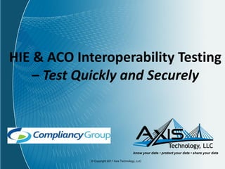HIE & ACO Interoperability Testing
    – Test Quickly and Securely



                                            know your data • protect your data • share your data

             © Copyright 2011 Axis Technology, LLC
 