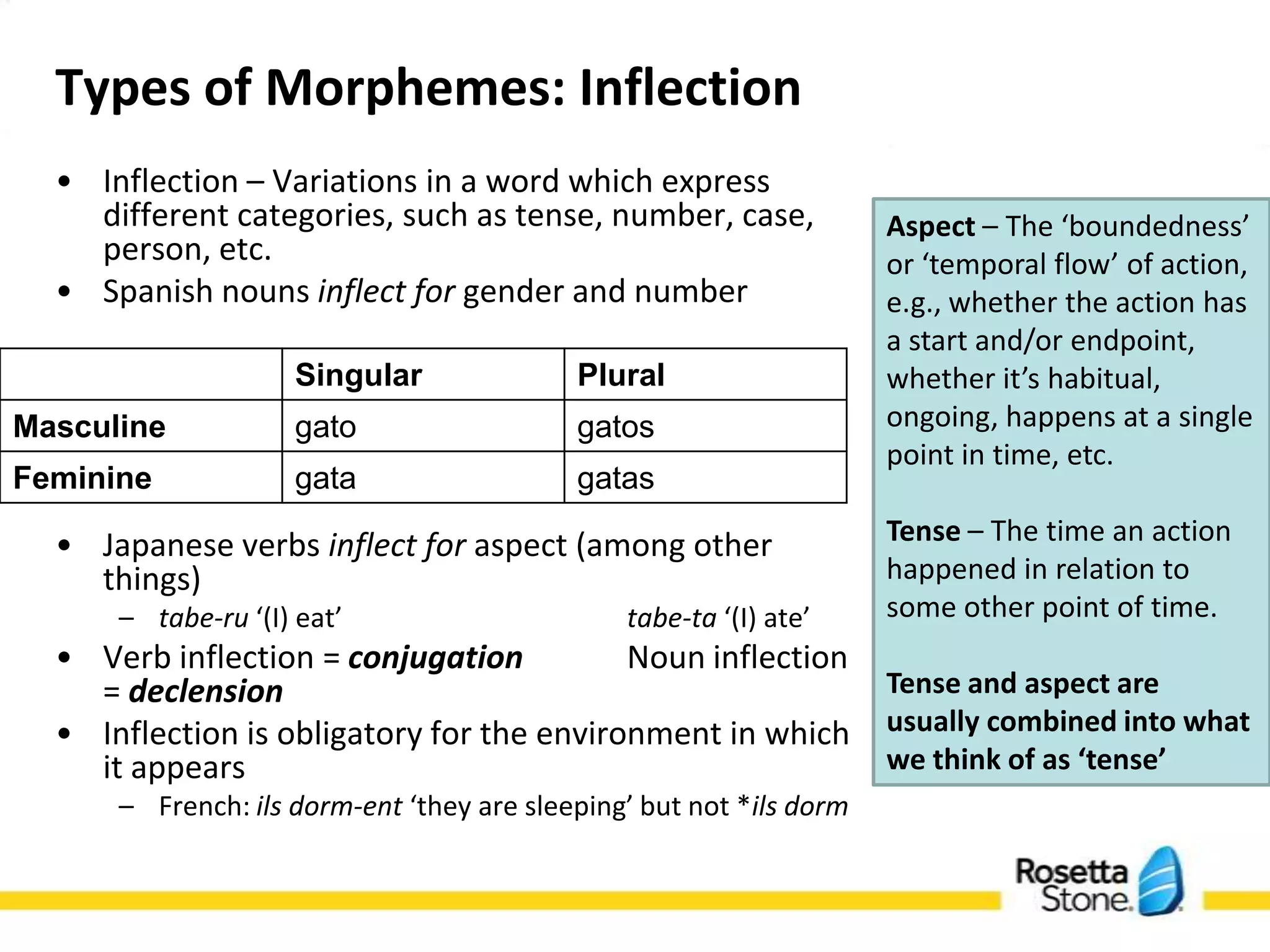 Types of Morphemes: Inflection
  •   Inflection – Variations in a word which express different          Aspect – The ‘boundedness’
      categories, such as tense, number, case, person, etc.
                                                                         or ‘temporal flow’ of action,
  •   Spanish nouns inflect for gender and number
                                                                         e.g., whether the action has
                                                                         a start and/or endpoint,
                        Singular                  Plural                 whether it’s habitual,
Masculine               gato                      gatos                  ongoing, happens at a single
                                                                         point in time, etc.
Feminine                gata                      gatas
                                                                         Tense – The time an action
                                                                         happened in relation to
  •   Japanese verbs inflect for aspect (among other things)
                                                                         some other point of time.
       – tabe-ru ‘(I) eat’                           tabe-ta ‘(I) ate’
  •   Verb inflection = conjugation             Noun inflection =
      declension                                                         Tense and aspect are
  •   Inflection is obligatory for the environment in which it           usually combined into what
      appears                                                            we think of as ‘tense’
       – French: ils dorm-ent ‘they are sleeping’ but not *ils dorm
 