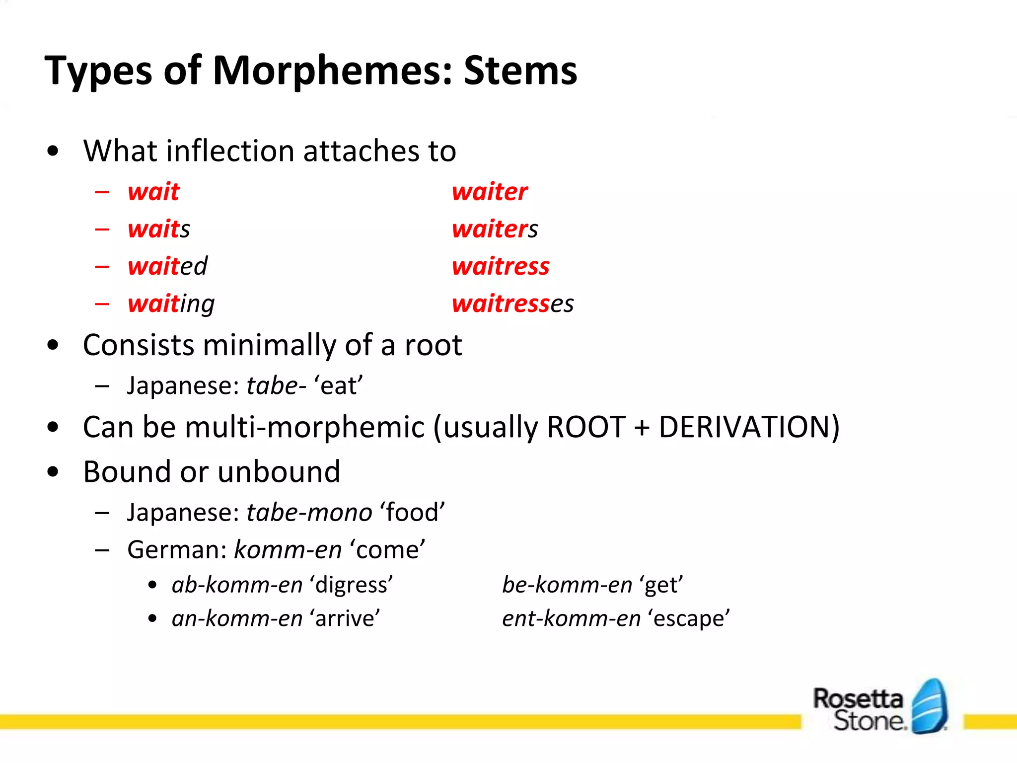 Types of Morphemes: Stems
• What inflection attaches to
   –   wait                      waiter
   –   waits                     waiters
   –   waited                    waitress
   –   waiting                   waitresses
• Consists minimally of a root
   – Japanese: tabe- ‘eat’
• Can be multi-morphemic (usually ROOT + DERIVATION)
• Bound or unbound
   – Japanese: tabe-mono ‘food’
   – German: komm-en ‘come’
        • ab-komm-en ‘digress’      be-komm-en ‘get’
        • an-komm-en ‘arrive’       ent-komm-en ‘escape’
 
