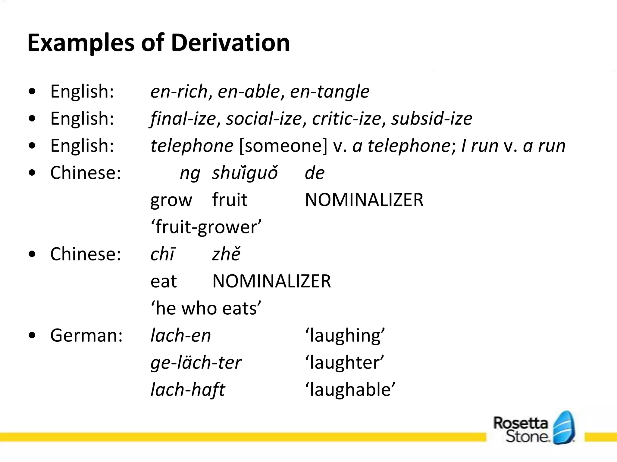 Examples of Derivation
•   English:    en-rich, en-able, en-tangle
•   English:    final-ize, social-ize, critic-ize, subsid-ize
•   English:    telephone [someone] v. a telephone; I run v. a run
•   Chinese:         ng shuǐguǒ    de
                grow fruit           NOMINALIZER
                ‘fruit-grower’
• Chinese:      chī     zhě
                eat      NOMINALIZER
                ‘he who eats’
• German:       lach-en              ‘laughing’
                ge-läch-ter         ‘laughter’
                lach-haft            ‘laughable’
 