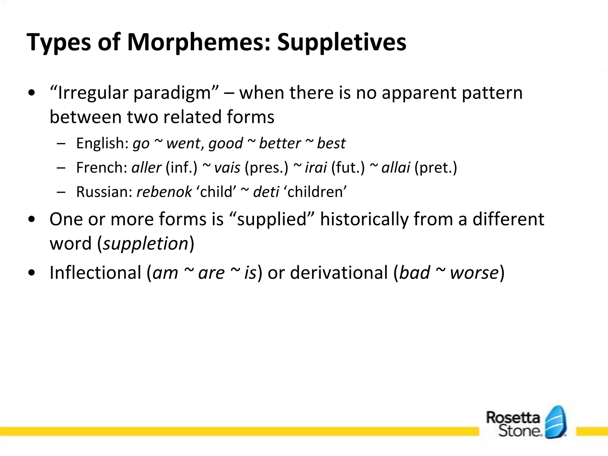 Types of Morphemes: Suppletives
• “Irregular paradigm” – when there is no apparent
  pattern between two related forms
   – English: go ~ went, good ~ better ~ best
   – French: aller (inf.) ~ vais (pres.) ~ irai (fut.) ~ allai
     (pret.)
   – Russian: rebenok ‘child’ ~ deti ‘children’
• One or more forms is “supplied” historically from
  a different word (suppletion)
• Inflectional (am ~ are ~ is) or derivational (bad ~
  worse)
 