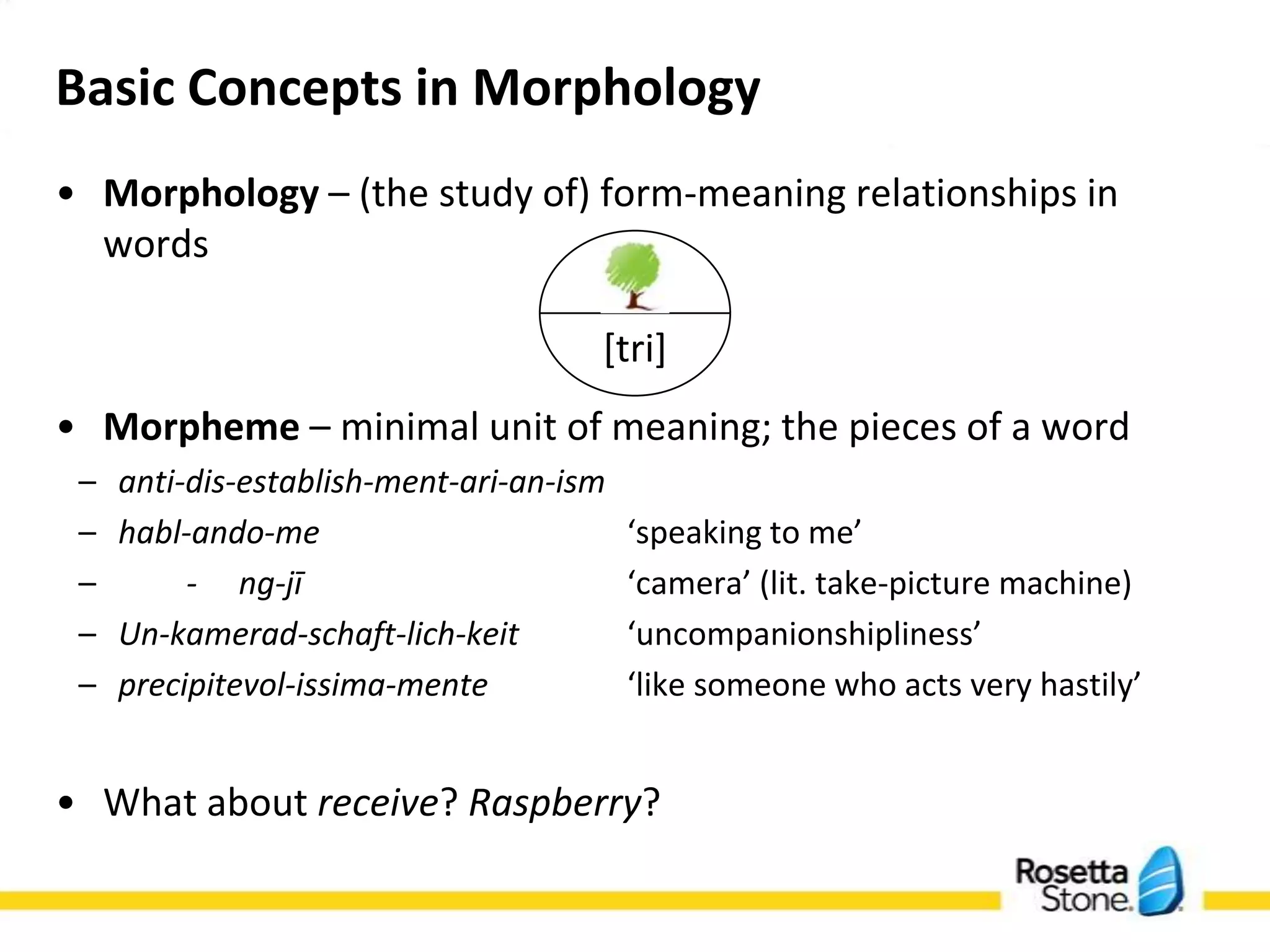 Basic Concepts in Morphology
• Morphology – (the study of) form-meaning relationships in words



                                     [tri]

• Morpheme – minimal unit of meaning; the pieces of a word
 –   anti-dis-establish-ment-ari-an-ism
 –   habl-ando-me                         ‘speaking to me’
 –        - ng-jī                        ‘camera’ (lit. take-picture machine)
 –   Un-kamerad-schaft-lich-keit          ‘uncompanionshipliness’
 –   precipitevol-issima-mente            ‘like someone who acts very hastily’

• What about receive? Raspberry?
 