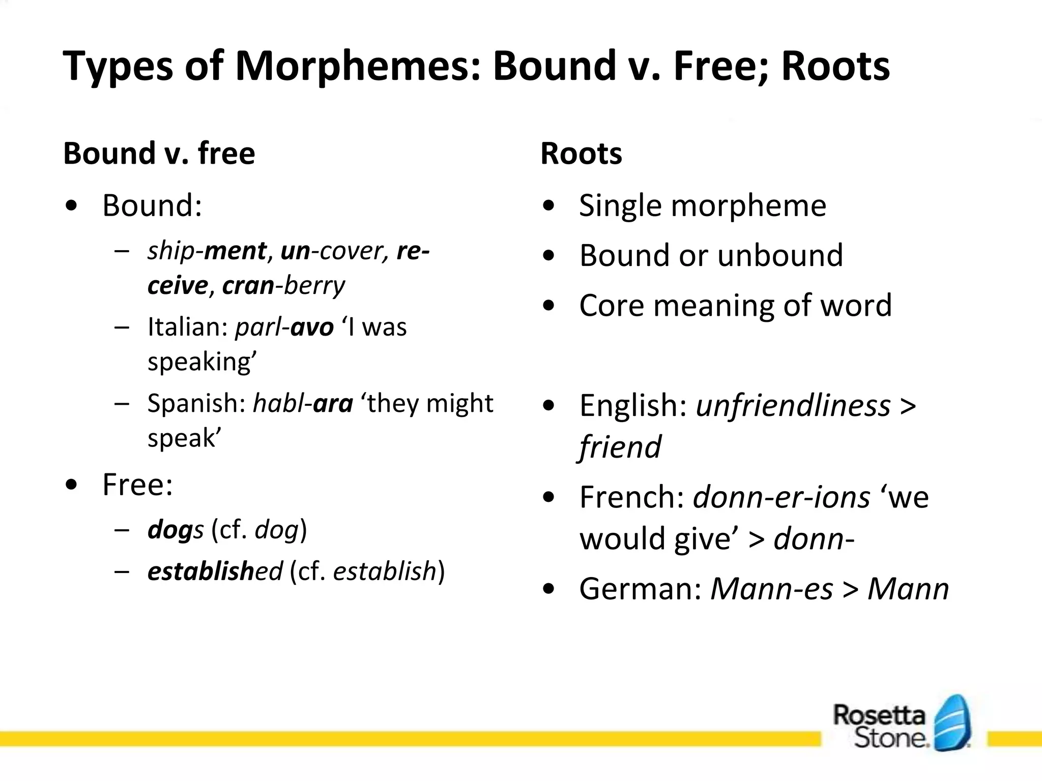 Types of Morphemes: Bound v. Free; Roots
 Bound v. free                        Roots
 • Bound:                             • Single morpheme
    – ship-ment, un-cover, re-        • Bound or unbound
      ceive, cran-berry
                                      • Core meaning of word
    – Italian: parl-avo ‘I was
      speaking’
    – Spanish: habl-ara ‘they might   • English: unfriendliness >
      speak’                            friend
 • Free:                              • French: donn-er-ions ‘we
    – dogs (cf. dog)                    would give’ > donn-
    – established (cf. establish)
                                      • German: Mann-es > Mann
 