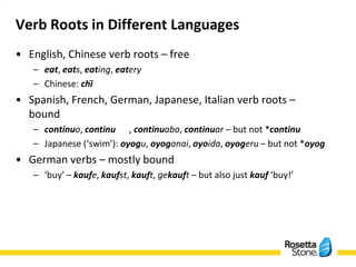 Verb Roots in Different Languages
• English, Chinese verb roots – free
   – eat, eats, eating, eatery
   – Chinese: chī
•...