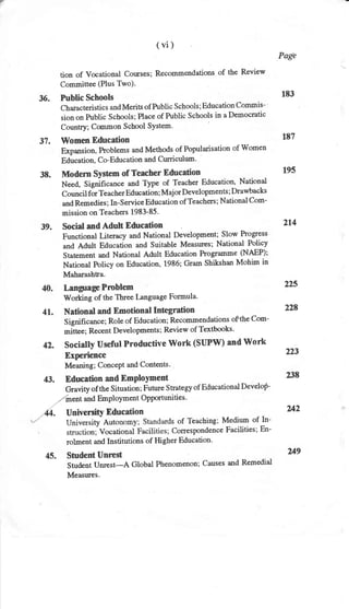 (vi)
Page
tion of Vocational Couses; Recommendations of the Review
Committee (Plus Two).
36. Public Schools 183
Ch ai.acteristics and Merits of hrblic Schools ; Education Commis -'
sion on Public Schools; Place of Public Schools in a Democratic
Country; Common School SYstem'
37. Women Education
F,xpansion, Problems and Methods of Popularisation of women
Education, Co-Education and Curriculum'
'
s of Teaching; Medium of In-
CorresPondence Facilities; En-
rolment and Institutions of Higher Education'
Strrdent Unrest
Student Unrest-A Global Phenomenon; Causes and Remedial
Measures.
187
38. Modem System of Teacher Education 195
Need, Significance and Type of Teacher Education, National
council for Teacher Education; Major Developments; Drawbacks
and Remedies ; In-Service Education of Teachers ; National Com-
mission on Teachers 1983-85.
39. Sociat and Adult Education
Functional Literacy and National Development; Slow Progress
and Adult Education and Suitable Measgres; National Policy
Statement and Nationat Adult Education Programme (NAEP);
National Policy on Education, 1986; Gram shikshan Mohim in
Maharashtra.
43.
Language Prcbtem 225
Working of the Three l-anguage Forrrula'
National and Emotional Integration 228
signifrcance; Role of Education; Recommendations ofthe com-
^ittr";
Recent Developments; Review of Textbooks'
Socially Useful Productive Work (SUPW) and Work
Experiencc 223
Meaning; ConcePt and Contents.
Education and EmPloyment 238
Gravity of the Situation; Future Strategy of Educational Develop-
,'lrrrentand Employment Opportunities.
40.
41.
42.
214
42
u945.
 