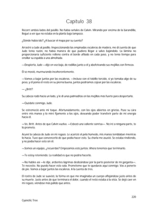 220
Cyanotic Tree
Capítulo 38
Recorrí ambos lados del pasillo. No había señales de Calvin. Mirando por encima de la barandilla,
llegué a ver que no estaba en la planta baja tampoco.
¿Dónde había ido? ¿A buscar el mapa por su cuenta?
Arrastré a Jude al pasillo. Inspeccionando las empinadas escaleras de madera, me di cuenta de que
Jude tenía razón, no había manera de que pudiera llegar a salvo bajándolo. La lámina no
proporcionaría suficiente relleno contra el borde afilado en cada paso, y no tenía tiempo para
ensillar su espalda a una almohada.
—Despierta, Jude —dije en voz baja, de rodillas junto a él y abofeteando sus mejillas con firmeza.
Él se movió, murmurando incoherentemente.
—Vamos a bajar juntos por las escaleras. —Incluso con el tobillo torcido, si yo tomaba algo de su
peso, y él ponía el resto en su pierna buena, juntos podríamos cojear por las escaleras.
— ¿Britt?
Su cabeza rodó hacia un lado, y le di unas palmaditas en las mejillas más fuerte para despertarlo.
—Quédate conmigo, Jude.
Se estremeció ante mi toque. Afortunadamente, con los ojos abiertos en grietas. Puse su cara
entre mis manos y lo miré fijamente a los ojos, deseando poder transferir parte de mi energía
hacia él.
—Ve, Britt. Antes de que Calvin vuelva. —Esbozó una valiente sonrisa—. No iré a ninguna parte, te
lo prometo.
Acuné la cabeza de Jude en mi regazo. Le acaricié el pelo húmedo, mis manos temblaban mientras
lo hacía. Tuve que convencerlo de que podía hacer esto. Su charla me asustó. Se estaba rindiendo,
y no podía hacer esto sin él.
—Somos un equipo, ¿recuerdas? Empezamos esto juntos; Ahora tenemos que terminarlo.
—Te estoy reteniendo. La realidad es que no podría hacerlo.
—No hables así —le dije, ardientes lágrimas deslizándose por la parte posterior de mi garganta—.
Te necesito. No puedo hacer esto sola. Prométeme que te quedarás aquí conmigo. Vas a ponerte
de pie. Vamos a bajar juntos las escaleras. A la cuenta de tres.
El rostro de Jude se suavizó, la forma en que me imaginaba un cuerpo aflojándose justo antes de
su muerte. Justo antes de que terminara el dolor, cuando el resto estaba a la vista. Se dejó caer en
mi regazo, viéndose más pálido que antes.
 