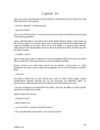 229
Cyanotic Tree
Capítulo 40
Jude y yo tocamos cada tabla bajo el puente peatonal. Comprobamos nuestro trabajo. Pero cada
tabla estaba firmemente clavada.
—Él mintió —dijo Jude—. No hay nada aquí.
— ¿Por qué mentiría?
Jude y yo nos miramos entre sí. Y entonces corrimos por la escalera, elevándonos fuera de la zanja
lo más rápido que pudimos.
Llegué a Idlewilde primero, corriendo hacia la cocina donde habíamos dejado a Calvin atado a la
silla. Mis pies dejaron de funcionar ante la vista de Calvin balanceándose descuidadamente del
cuello del candelabro de la cocina. Detrás de mí Jude maldijo, y se apresuró hacia adelante,
enderezando la silla volteada debajo de los pies llenos de espasmos de Calvin, saltando sobre ella
para bajar el cuerpo.
— ¡Cuchillo! —ordenó.
Agarré uno del cajón y Jude lo arrebató de mi mano, acerrando brutalmente la cuerda. Las últimas
fibras se rompieron y Calvin cayó al suelo, con las extremidades extendidas.
Busqué el pulso en su cuello. Nada. Intenté con sus muñecas, y luego volví a su cuello,
presionando mis dedos contra la barba bajo su garganta. Por fin sentí un débil pero constante
latido.
— ¡Está vivo!
Jude bajó la mirada hacia los ojos abiertos pero vacíos de Calvin. Ambas pupilas estaban
completamente dilatadas, haciendo que sus ojos parecieran casi totalmente negros. Un
desarticulado y ruidoso lloriqueo salió de sus labios. Un claro fluido drenó por su nariz.
—Creo que no llegamos a él lo suficientemente rápido —dijo Jude, de rodillas a mi lado y girando
gentilmente mi cabeza hacia un lado.
Lágrimas rodaron por mis ojos.
— ¿Qué pasa con él?
—Daño cerebral, creo.
— ¿Va a estar bien? —pregunté, llorando más fuerte.
—No —respondió Jude con sinceridad—. No, no creo que lo esté.
 