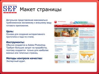 Макет страницы Детальное представление максимально приближенное желаемому к внешнему виду готового приложения.   Цель: Основа для создания интерактивного прототипа и гида по стилю . Инструменты: Обычно создается в  Adobe Photoshop.  Требует больших затрат на проработку, поэтому создается  только для наиболее важных или типичных страниц . Методы контроля качества: Экспертный аудит . 