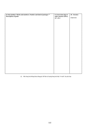 113
8. Item number; Marks and numbers; Number and kind of packages (1)
Description of goods
9. Gross mass (kg) or
other measure (litres,
m3
., etc.)
10. Invoices
(Optional)
(1) Nếu hàng hoá không được đóng gói, thể hiện số lượng hàng hoá hoặc “in bulk” cho phù hợp
 