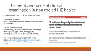The predictive value of clinical
examination in non cooled HIE babies
Change overtime ( day 1, 2, 3, and time of discharge).
Examination at all time
point s correlated significantly with neurological outcome
at 24 months.
The best correlations were
found to be (1) neurological examinati on at discharge
(r=0.65, p<0.001), (2) Sarnat grading (r=0.64,
p<0.001), and (3) ATNAT on day 3 (r=0.46, p<0.001).
The best predictive value was seen with neuro-
logical examination at discharge (positive and negative
predictive values of 86% and 72% respec-
tively).
 