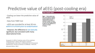 Predictive value of aEEG (post-cooling era)
- Cooling can lower the predictive value of
aEEG
- Data from TOBY trial:
- aEEG was recorded for at least 30 min
within 6 h of birth prior to randomization
- However, the difference is not statically
significant, but consistent with many
observational trials.
Azzopardi, D. (2013). Predictive value of the amplitude
integrated EEG in infants with hypoxic ischaemic
encephalopathy: data from a randomised trial of therapeutic
hypothermia. Archives of Disease in Childhood - Fetal and
Neonatal Edition, 99(1).
 