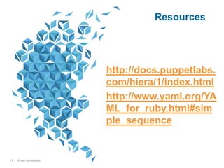 13 © Jive confidential
http://docs.puppetlabs.
com/hiera/1/index.html
http://www.yaml.org/YA
ML_for_ruby.html#sim
ple_sequence
Resources
 