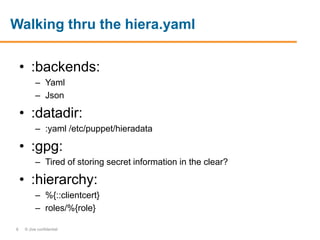 6 © Jive confidential
Walking thru the hiera.yaml
• :backends:
– Yaml
– Json
• :datadir:
– :yaml /etc/puppet/hieradata
• :gpg:
– Tired of storing secret information in the clear?
• :hierarchy:
– %{::clientcert}
– roles/%{role}
 