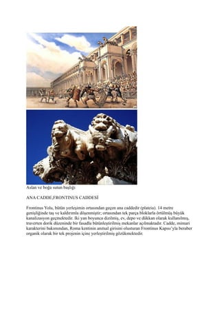 Aslan ve boğa sutun başlığı

ANA CADDE,FRONTINUS CADDESİ

Frontinus Yolu, bütün yerleşimin ortasından geçen ana caddedir (plateia). 14 metre
genişliğinde taş ve kaldırımla döşenmiştir; ortasından tek parça bloklarla örtülmüş büyük
kanalizasyon geçmektedir. Iki yan boyunca dizilmiş, ev, depo ve dükkan olarak kullanılmış,
traverten dorik düzeninde bir fasadla bütünleştirilmiş mekanlar açılmaktadır. Cadde, mimari
karakterini bakımından, Roma kentinin anıtsal girisini olusturan Frontinus Kapısı’yla beraber
organik olarak bir tek projenin içine yerleştirilmiş gözükmektedir.
 
