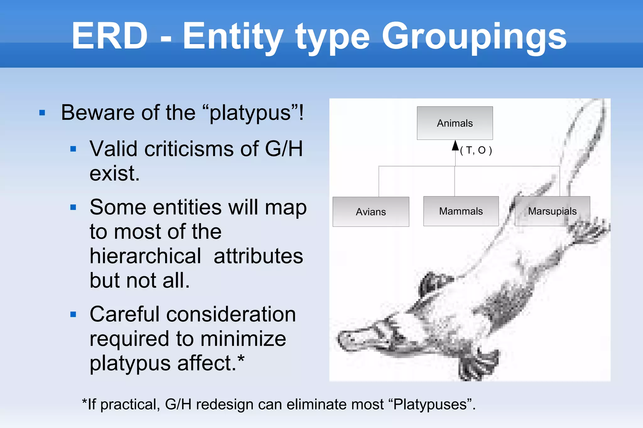 ERD - Entity type Groupings
 Beware of the “platypus”!
 Valid criticisms of G/H
exist.
 Some entities will map
to most of the
hierarchical attributes
but not all.
 Careful consideration
required to minimize
platypus affect.*
Animals
Avians Mammals
( T, O )
*If practical, G/H redesign can eliminate most “Platypuses”.
Marsupials
 