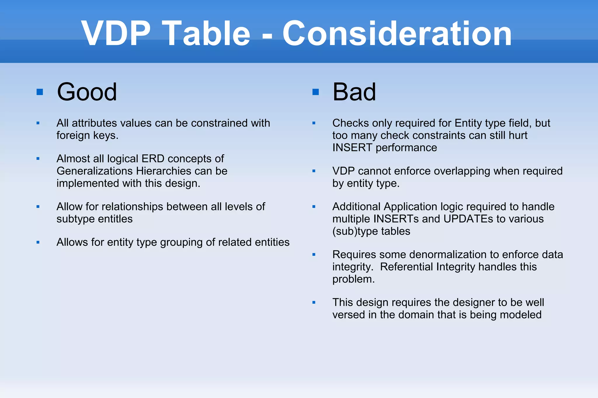 VDP Table - Consideration
 Good
 All attributes values can be constrained with
foreign keys.
 Almost all logical ERD concepts of
Generalizations Hierarchies can be
implemented with this design.
 Allow for relationships between all levels of
subtype entitles
 Allows for entity type grouping of related entities
 Bad
 Checks only required for Entity type field, but
too many check constraints can still hurt
INSERT performance
 VDP cannot enforce overlapping when required
by entity type.
 Additional Application logic required to handle
multiple INSERTs and UPDATEs to various
(sub)type tables
 Requires some denormalization to enforce data
integrity. Referential Integrity handles this
problem.
 This design requires the designer to be well
versed in the domain that is being modeled
 