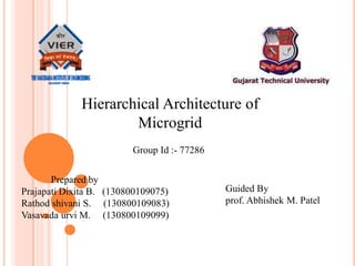 Hierarchical Architecture of
Microgrid
Group Id :- 77286
Prepared by
Prajapati Dixita B. (130800109075)
Rathod shivani S. (130800109083)
Vasavada urvi M. (130800109099)
Guided By
prof. Abhishek M. Patel
 