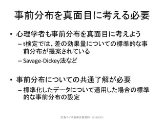 事前分布を真面目に考える必要
• 心理学者も事前分布を真面目に考えよう
– t検定では、差の効果量についての標準的な事
前分布が提案されている
– Savage-Dickey法など
• 事前分布についての共通了解が必要
– 標準化したデータについて適用した場合の標準
的な事前分布の設定
広島ベイズ塾春合宿資料 2018/03/2
 