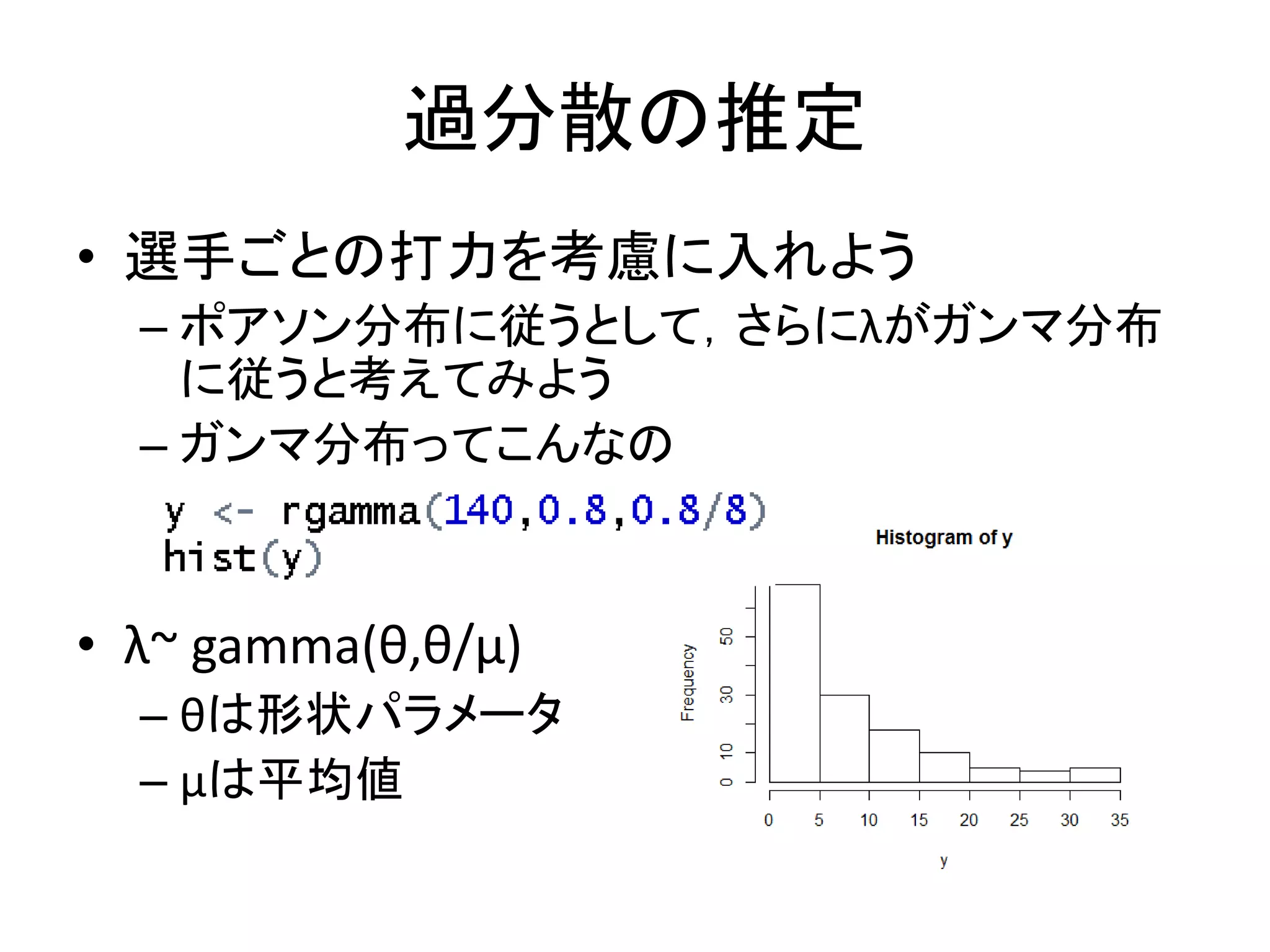 過分散の推定
• 選手ごとの打力を考慮に入れよう
– ポアソン分布に従うとして，さらにλがガンマ分布
に従うと考えてみよう
– ガンマ分布ってこんなの
• λ~ gamma(θ,θ/μ)
– θは形状パラメータ
– μは平均値
 