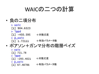 WAICの二つの計算
• 負の二項分布
• ポアソン＋ガンマ分布の階層ベイズ
←対数尤度
←有効パラメータ数
←対数尤度
←有効パラメータ数
 