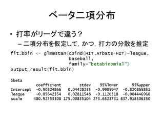 ベータ二項分布
• 打率がリーグで違う？
– 二項分布を仮定して，かつ，打力の分散を推定
 