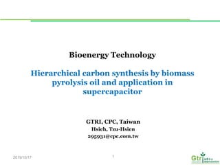 Bioenergy Technology
Hierarchical carbon synthesis by biomass
pyrolysis oil and application in
supercapacitor
GTRI, CPC, Taiwan
Hsieh, Tzu-Hsien
295931@cpc.com.tw
2019/10/17 1
 