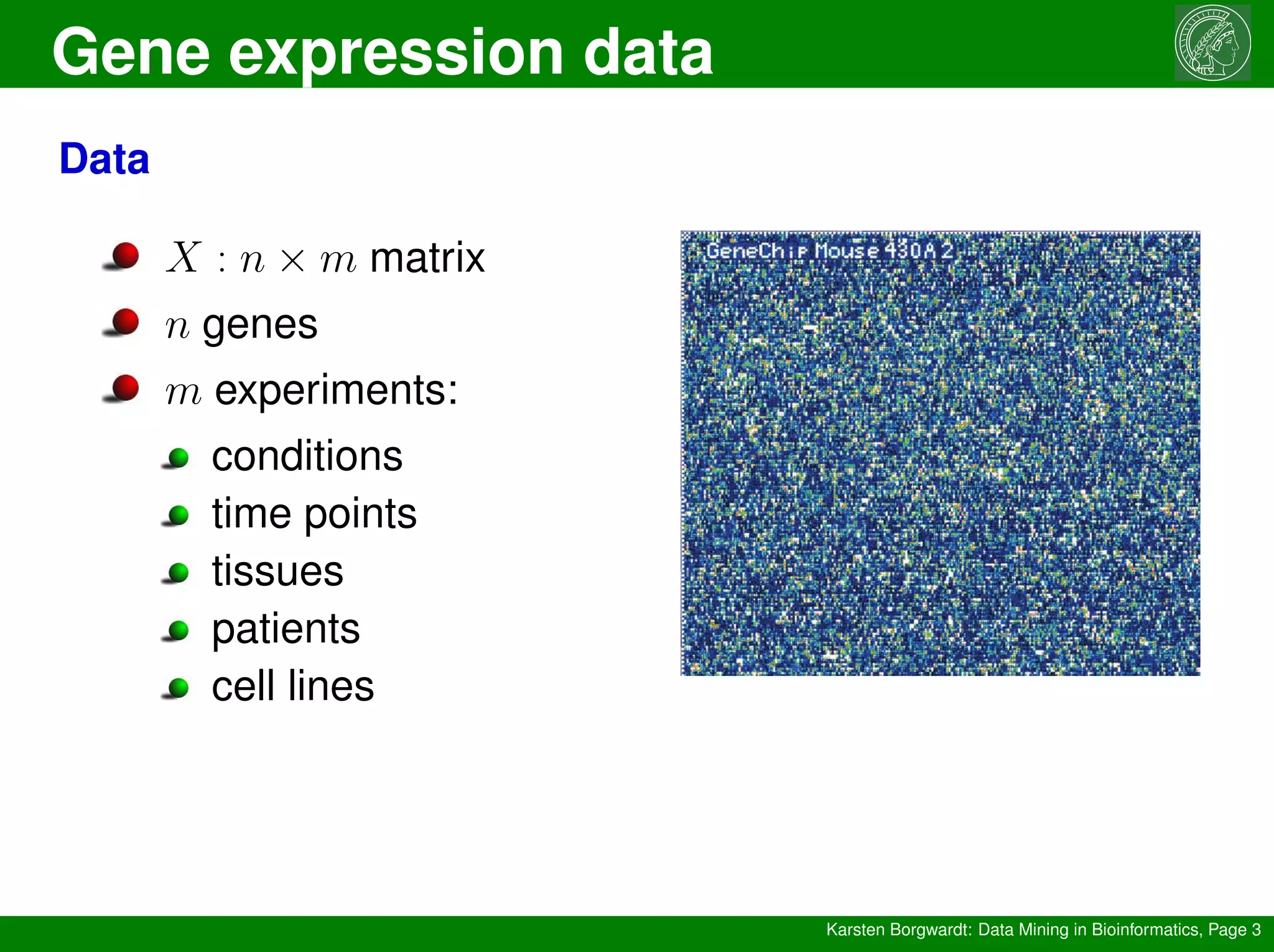 Gene expression data
Karsten Borgwardt: Data Mining in Bioinformatics, Page 3
Data
X : n × m matrix
n genes
m experiments:
conditions
time points
tissues
patients
cell lines
 