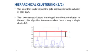 36
*
• This algorithm starts with all the data points assigned to a cluster
of their own.
• Then two nearest clusters are merged into the same cluster. In
the end, this algorithm terminates when there is only a single
cluster left.
HIERARCHICAL CLUSTERING (2/2)
 
