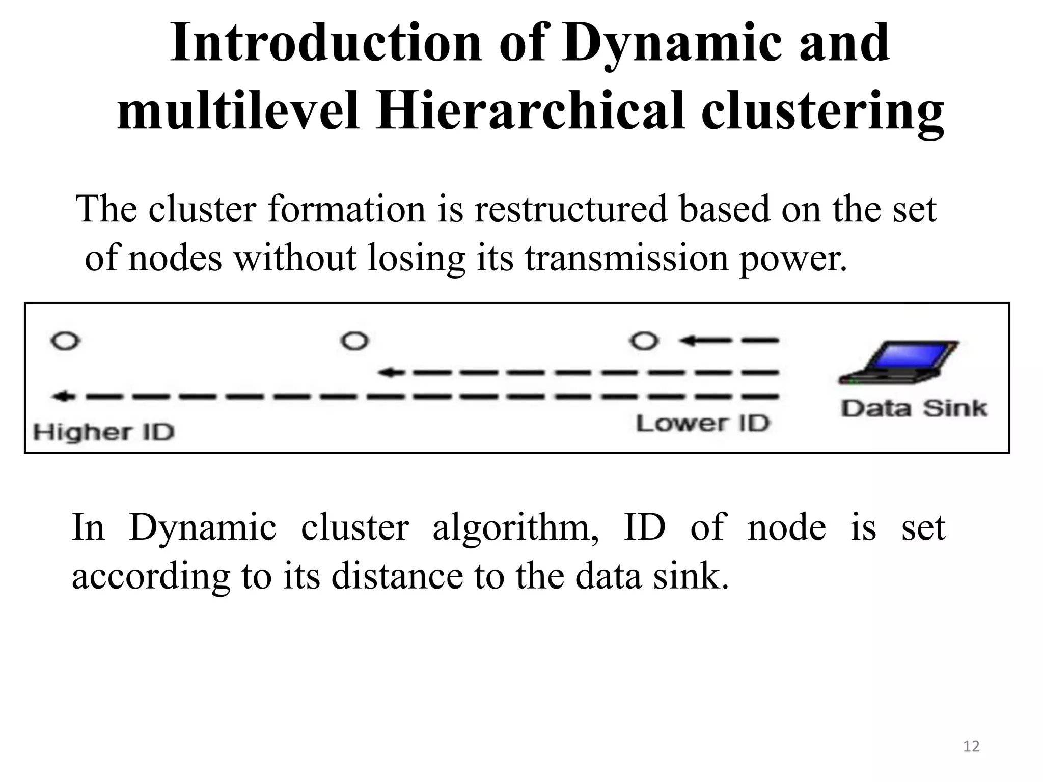 Introduction of Dynamic and
multilevel Hierarchical clustering
The cluster formation is restructured based on the set
of nodes without losing its transmission power.

In Dynamic cluster algorithm, ID of node is set
according to its distance to the data sink.

12

 
