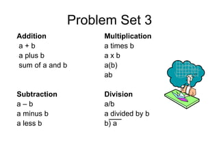 Problem Set 3 Addition Multiplication a + b a times b a plus b a x b sum of a and b a(b)  ab Subtraction Division a – b a/b a minus b a divided by b a less b b) a 