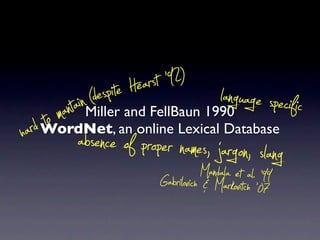 (d es ip te Hearst ‘92) langu
       ma iatn n                              age specific
h   to Miller and FellBaun 1990
  ard absence of proper names,
   WordNet, an online Lexical Database
                              jna daalargeot na,l slang
                            M . ’99
                            Gabrilovich & Markovitch ‘07
 