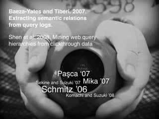 Baeza-Yates and Tiberi. 2007.
Extracting semantic relations
from query logs.

Shen et al. 2008. Mining web query
hierarchies from clickthrough data




                    Paşca ʻ07
          Sekine and Suzuki ʼ07 Mika ʼ07
            Schmitz ʼ06
                      Komachi and Suzuki ʼ08
 