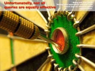 Unfortunatelly, not all                        Wang and Zhai 2008.
                              Mining term association patterns from
queries are equally effective         search logs for effective query
                                                       reformulation.
 