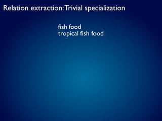Relation extraction: Trivial specialization

                   ﬁsh food
                   tropical ﬁsh food
 