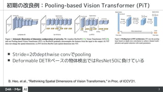 3
▪ Stride=2のdepthwise convでpooling
▪ Deformable DETRベースの物体検出ではResNet50に負けている
初期の改良例：Pooling-based Vision Transformer (PiT)
B. Heo, et al., "Rethinking Spatial Dimensions of Vision Transformers," in Proc. of ICCV'21.
 
