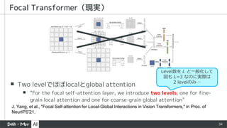 34
▪ Two levelでほぼlocalとglobal attention
▪ “For the focal self-attention layer, we introduce two levels, one for fine-
grain local attention and one for coarse-grain global attention”
Focal Transformer（現実）
J. Yang, et al., "Focal Self-attention for Local-Global Interactions in Vision Transformers," in Proc. of
NeurIPS'21.
Level数を L と一般化して
図も L=3 なのに実際は
2 levelのみ…
 