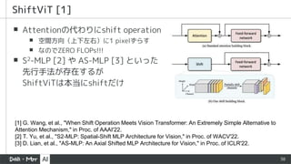 38
▪ Attentionの代わりにshift operation
▪ 空間方向（上下左右）に1 pixelずらす
▪ なのでZERO FLOPs!!!
▪ S2-MLP [2] や AS-MLP [3] といった
先行手法が存在するが
ShiftViTは本当にshiftだけ
ShiftViT [1]
[1] G. Wang, et al., "When Shift Operation Meets Vision Transformer: An Extremely Simple Alternative to
Attention Mechanism," in Proc. of AAAI'22.
[2] T. Yu, et al., "S2-MLP: Spatial-Shift MLP Architecture for Vision," in Proc. of WACV'22.
[3] D. Lian, et al., "AS-MLP: An Axial Shifted MLP Architecture for Vision," in Proc. of ICLR'22.
 