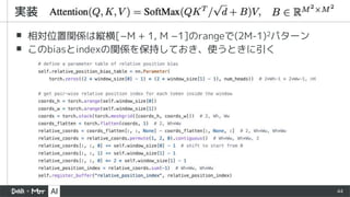 44
▪ 相対位置関係は縦横[−M + 1, M −1]のrangeで(2M-1)2パターン
▪ このbiasとindexの関係を保持しておき、使うときに引く
実装
 