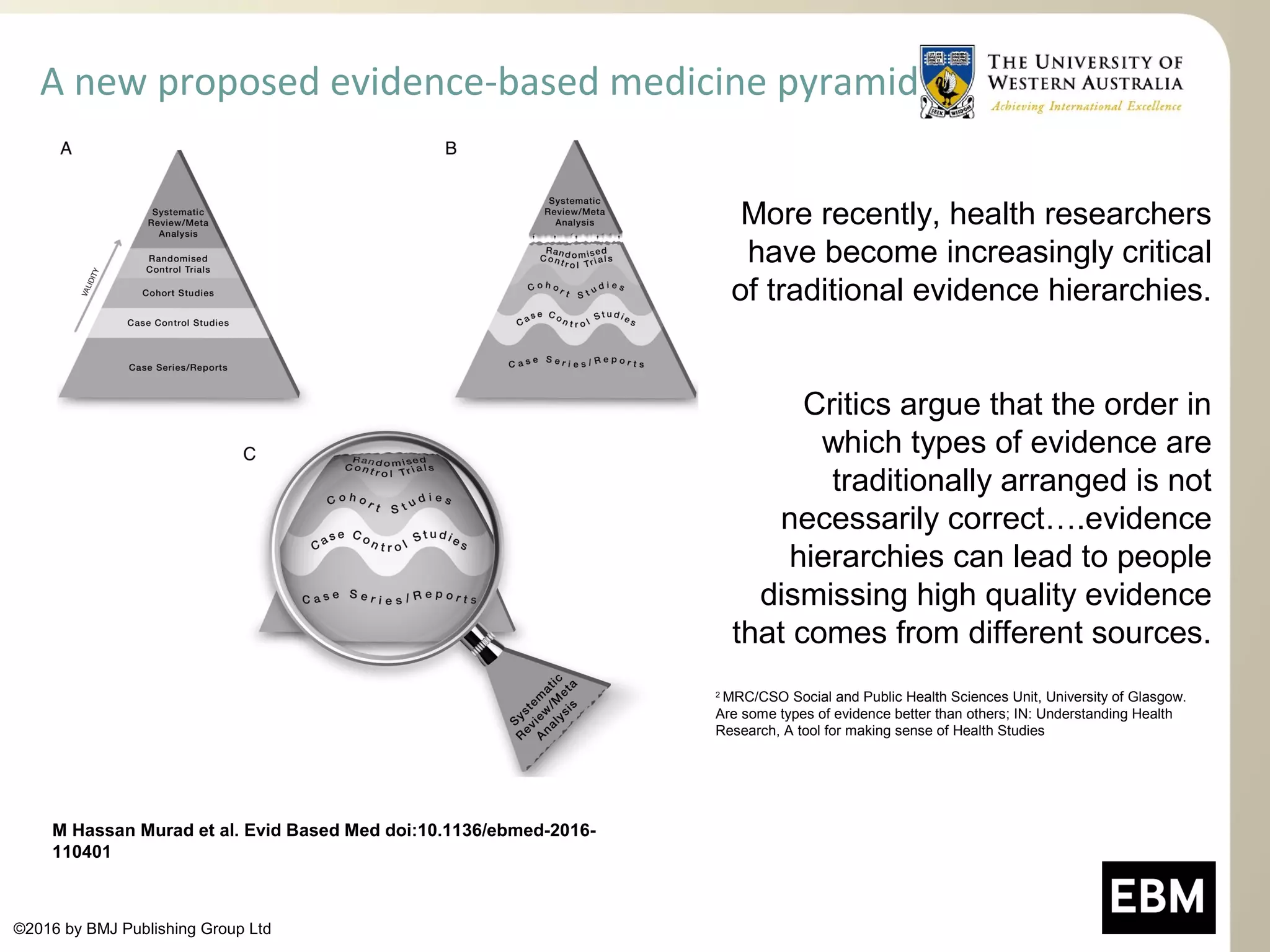 A new proposed evidence-based medicine pyramid
M Hassan Murad et al. Evid Based Med doi:10.1136/ebmed-2016-
110401
©2016 by BMJ Publishing Group Ltd
More recently, health researchers
have become increasingly critical
of traditional evidence hierarchies.
Critics argue that the order in
which types of evidence are
traditionally arranged is not
necessarily correct….evidence
hierarchies can lead to people
dismissing high quality evidence
that comes from different sources.
2
MRC/CSO Social and Public Health Sciences Unit, University of Glasgow.
Are some types of evidence better than others; IN: Understanding Health
Research, A tool for making sense of Health Studies
 