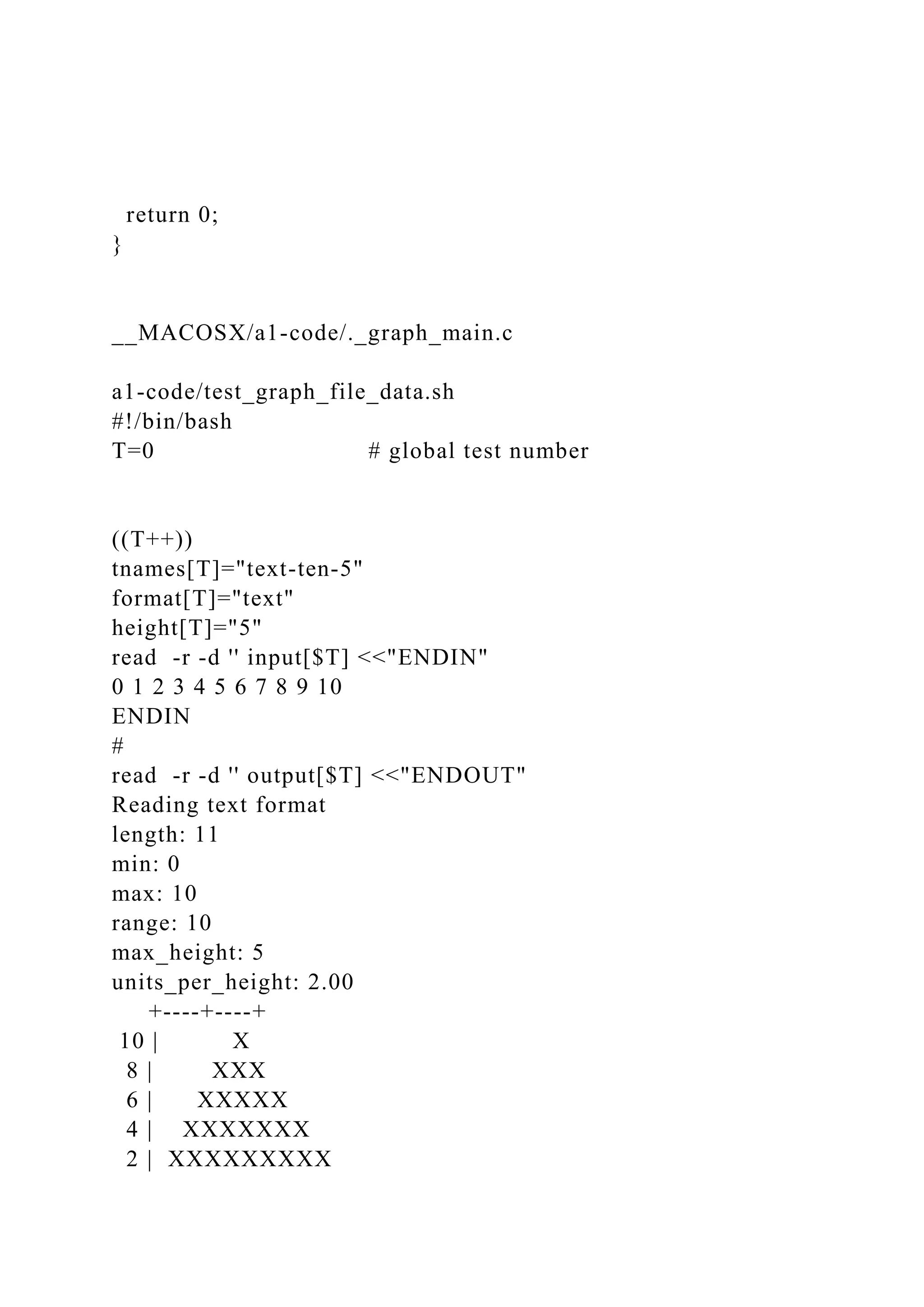 return 0;
}
__MACOSX/a1-code/._graph_main.c
a1-code/test_graph_file_data.sh
#!/bin/bash
T=0 # global test number
((T++))
tnames[T]="text-ten-5"
format[T]="text"
height[T]="5"
read -r -d '' input[$T] <<"ENDIN"
0 1 2 3 4 5 6 7 8 9 10
ENDIN
#
read -r -d '' output[$T] <<"ENDOUT"
Reading text format
length: 11
min: 0
max: 10
range: 10
max_height: 5
units_per_height: 2.00
+----+----+
10 | X
8 | XXX
6 | XXXXX
4 | XXXXXXX
2 | XXXXXXXXX
 