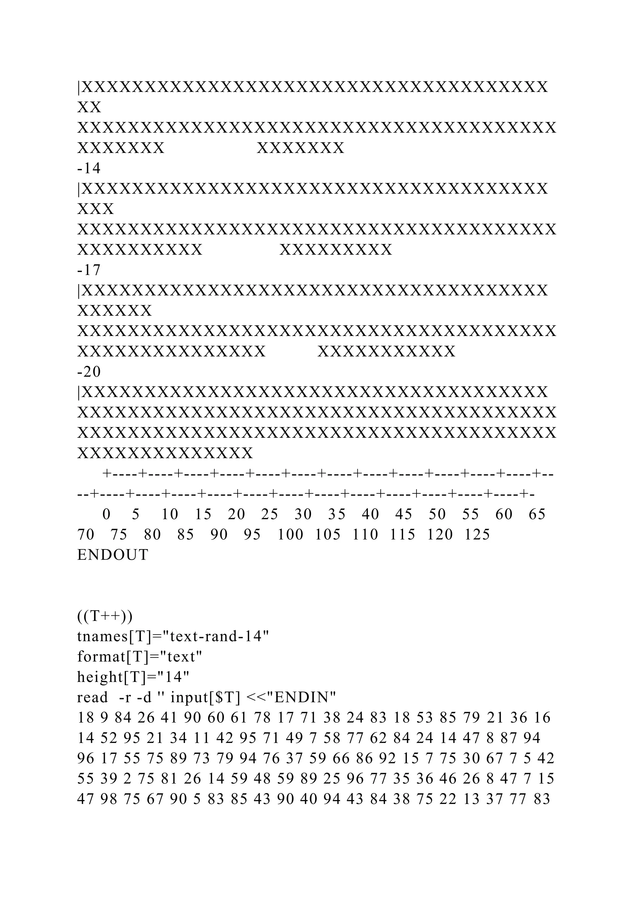 |XXXXXXXXXXXXXXXXXXXXXXXXXXXXXXXXXXXXX
XX
XXXXXXXXXXXXXXXXXXXXXXXXXXXXXXXXXXXXXX
XXXXXXX XXXXXXX
-14
|XXXXXXXXXXXXXXXXXXXXXXXXXXXXXXXXXXXXX
XXX
XXXXXXXXXXXXXXXXXXXXXXXXXXXXXXXXXXXXXX
XXXXXXXXXX XXXXXXXXX
-17
|XXXXXXXXXXXXXXXXXXXXXXXXXXXXXXXXXXXXX
XXXXXX
XXXXXXXXXXXXXXXXXXXXXXXXXXXXXXXXXXXXXX
XXXXXXXXXXXXXXX XXXXXXXXXXX
-20
|XXXXXXXXXXXXXXXXXXXXXXXXXXXXXXXXXXXXX
XXXXXXXXXXXXXXXXXXXXXXXXXXXXXXXXXXXXXX
XXXXXXXXXXXXXXXXXXXXXXXXXXXXXXXXXXXXXX
XXXXXXXXXXXXXX
+----+----+----+----+----+----+----+----+----+----+----+----+--
--+----+----+----+----+----+----+----+----+----+----+----+----+-
0 5 10 15 20 25 30 35 40 45 50 55 60 65
70 75 80 85 90 95 100 105 110 115 120 125
ENDOUT
((T++))
tnames[T]="text-rand-14"
format[T]="text"
height[T]="14"
read -r -d '' input[$T] <<"ENDIN"
18 9 84 26 41 90 60 61 78 17 71 38 24 83 18 53 85 79 21 36 16
14 52 95 21 34 11 42 95 71 49 7 58 77 62 84 24 14 47 8 87 94
96 17 55 75 89 73 79 94 76 37 59 66 86 92 15 7 75 30 67 7 5 42
55 39 2 75 81 26 14 59 48 59 89 25 96 77 35 36 46 26 8 47 7 15
47 98 75 67 90 5 83 85 43 90 40 94 43 84 38 75 22 13 37 77 83
 
