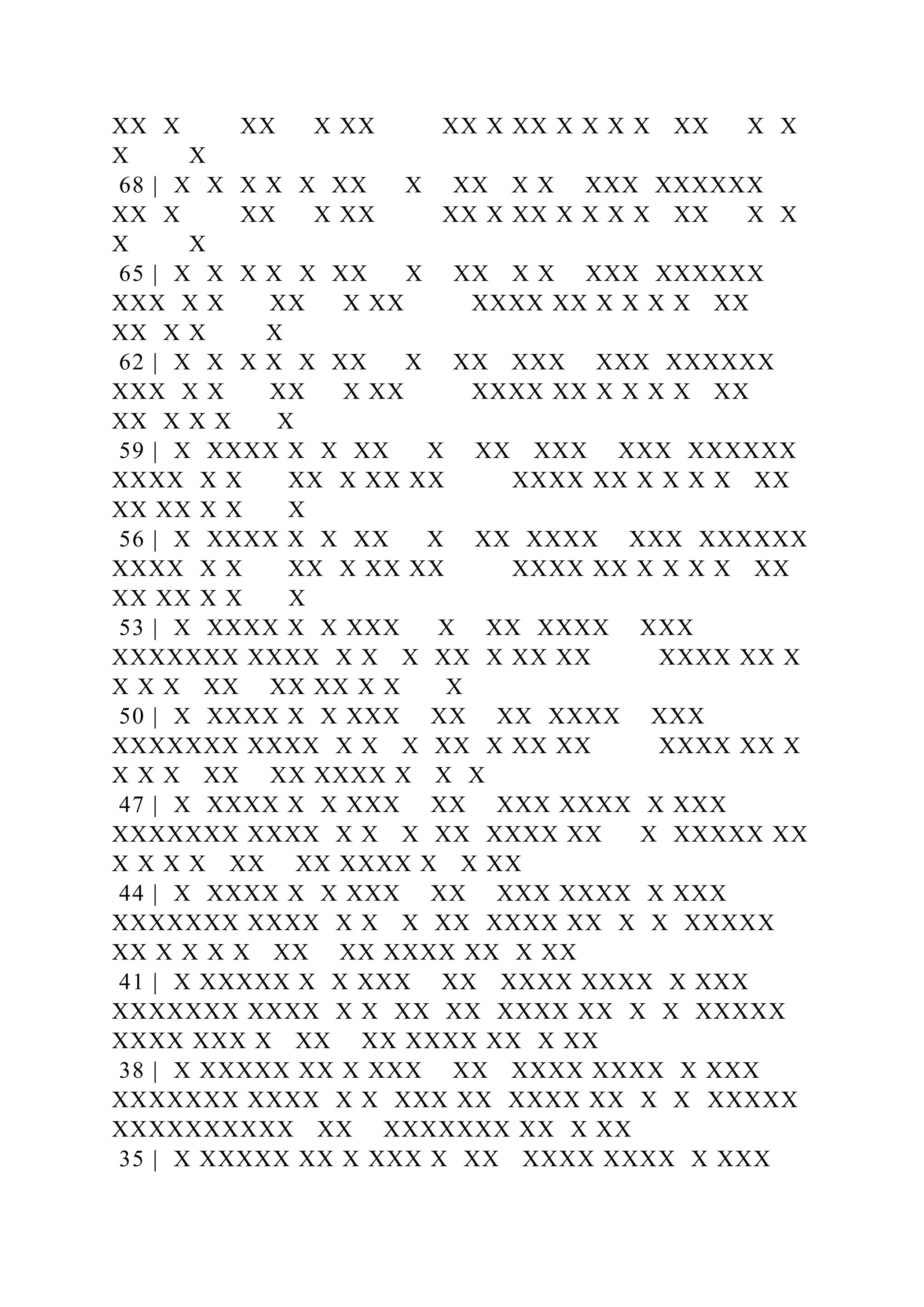 XX X XX X XX XX X XX X X X X XX X X
X X
68 | X X X X X XX X XX X X XXX XXXXXX
XX X XX X XX XX X XX X X X X XX X X
X X
65 | X X X X X XX X XX X X XXX XXXXXX
XXX X X XX X XX XXXX XX X X X X XX
XX X X X
62 | X X X X X XX X XX XXX XXX XXXXXX
XXX X X XX X XX XXXX XX X X X X XX
XX X X X X
59 | X XXXX X X XX X XX XXX XXX XXXXXX
XXXX X X XX X XX XX XXXX XX X X X X XX
XX XX X X X
56 | X XXXX X X XX X XX XXXX XXX XXXXXX
XXXX X X XX X XX XX XXXX XX X X X X XX
XX XX X X X
53 | X XXXX X X XXX X XX XXXX XXX
XXXXXXX XXXX X X X XX X XX XX XXXX XX X
X X X XX XX XX X X X
50 | X XXXX X X XXX XX XX XXXX XXX
XXXXXXX XXXX X X X XX X XX XX XXXX XX X
X X X XX XX XXXX X X X
47 | X XXXX X X XXX XX XXX XXXX X XXX
XXXXXXX XXXX X X X XX XXXX XX X XXXXX XX
X X X X XX XX XXXX X X XX
44 | X XXXX X X XXX XX XXX XXXX X XXX
XXXXXXX XXXX X X X XX XXXX XX X X XXXXX
XX X X X X XX XX XXXX XX X XX
41 | X XXXXX X X XXX XX XXXX XXXX X XXX
XXXXXXX XXXX X X XX XX XXXX XX X X XXXXX
XXXX XXX X XX XX XXXX XX X XX
38 | X XXXXX XX X XXX XX XXXX XXXX X XXX
XXXXXXX XXXX X X XXX XX XXXX XX X X XXXXX
XXXXXXXXXX XX XXXXXXX XX X XX
35 | X XXXXX XX X XXX X XX XXXX XXXX X XXX
 
