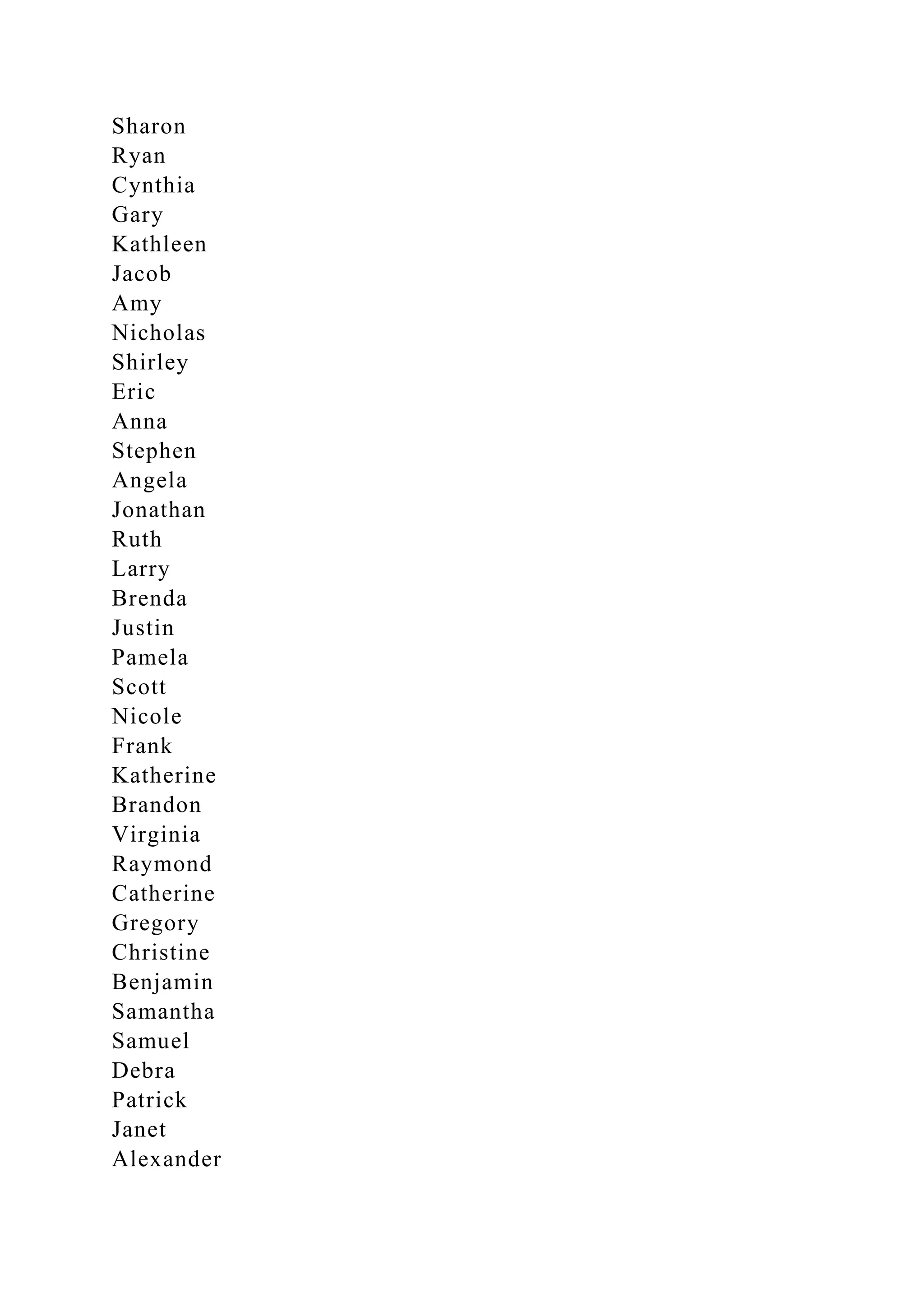 Sharon
Ryan
Cynthia
Gary
Kathleen
Jacob
Amy
Nicholas
Shirley
Eric
Anna
Stephen
Angela
Jonathan
Ruth
Larry
Brenda
Justin
Pamela
Scott
Nicole
Frank
Katherine
Brandon
Virginia
Raymond
Catherine
Gregory
Christine
Benjamin
Samantha
Samuel
Debra
Patrick
Janet
Alexander
 