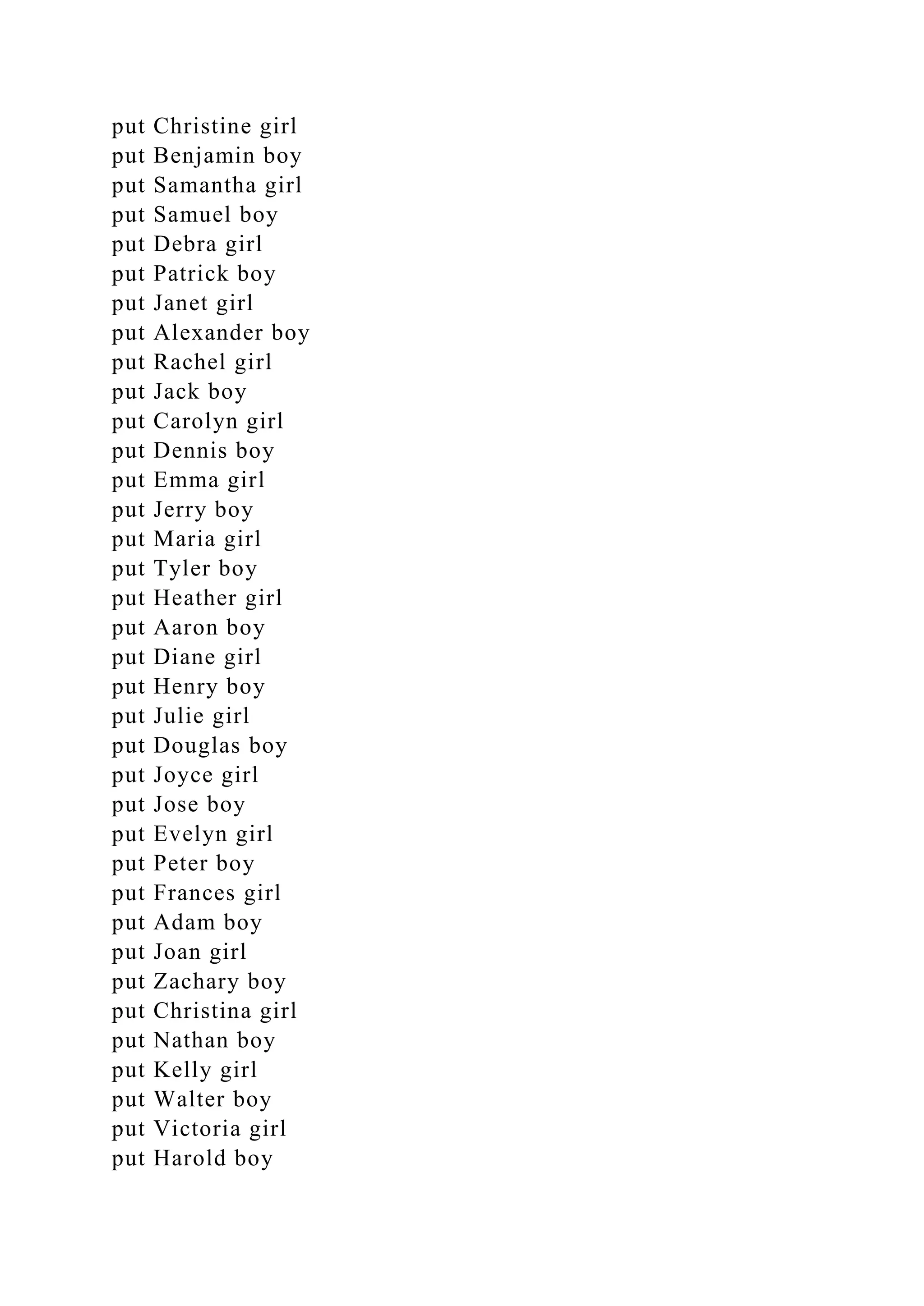 put Christine girl
put Benjamin boy
put Samantha girl
put Samuel boy
put Debra girl
put Patrick boy
put Janet girl
put Alexander boy
put Rachel girl
put Jack boy
put Carolyn girl
put Dennis boy
put Emma girl
put Jerry boy
put Maria girl
put Tyler boy
put Heather girl
put Aaron boy
put Diane girl
put Henry boy
put Julie girl
put Douglas boy
put Joyce girl
put Jose boy
put Evelyn girl
put Peter boy
put Frances girl
put Adam boy
put Joan girl
put Zachary boy
put Christina girl
put Nathan boy
put Kelly girl
put Walter boy
put Victoria girl
put Harold boy
 