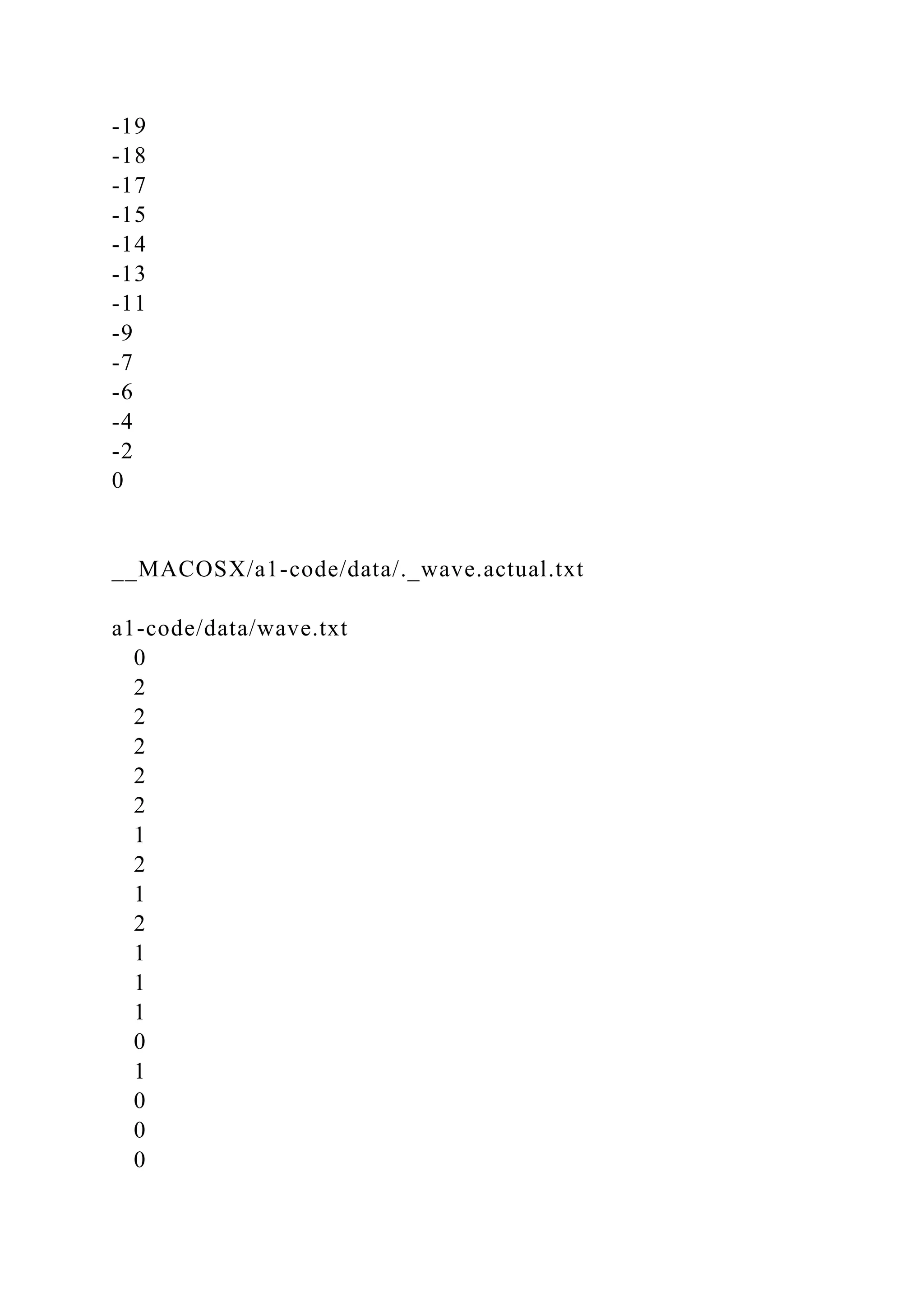-19
-18
-17
-15
-14
-13
-11
-9
-7
-6
-4
-2
0
__MACOSX/a1-code/data/._wave.actual.txt
a1-code/data/wave.txt
0
2
2
2
2
2
1
2
1
2
1
1
1
0
1
0
0
0
 
