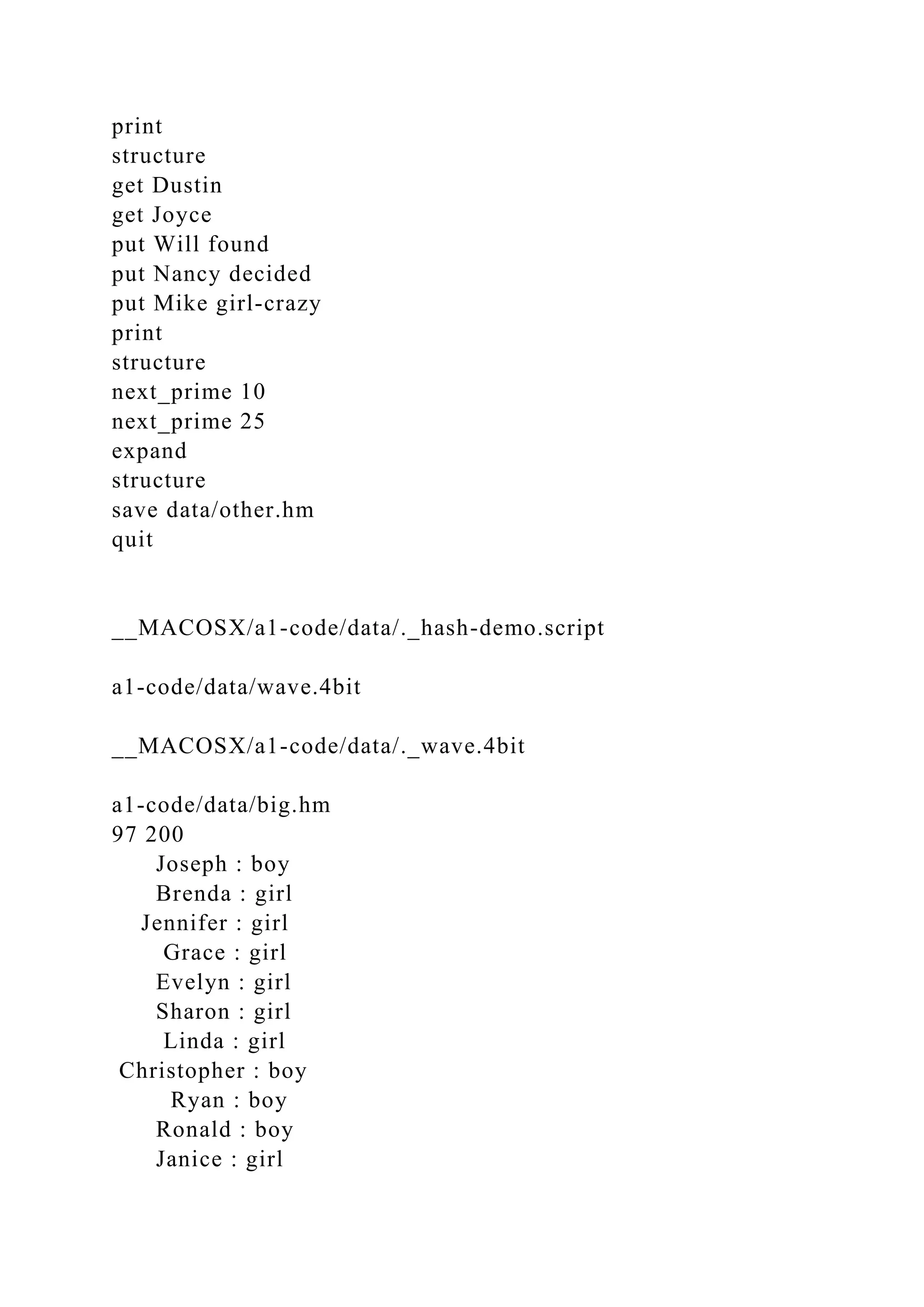 print
structure
get Dustin
get Joyce
put Will found
put Nancy decided
put Mike girl-crazy
print
structure
next_prime 10
next_prime 25
expand
structure
save data/other.hm
quit
__MACOSX/a1-code/data/._hash-demo.script
a1-code/data/wave.4bit
__MACOSX/a1-code/data/._wave.4bit
a1-code/data/big.hm
97 200
Joseph : boy
Brenda : girl
Jennifer : girl
Grace : girl
Evelyn : girl
Sharon : girl
Linda : girl
Christopher : boy
Ryan : boy
Ronald : boy
Janice : girl
 