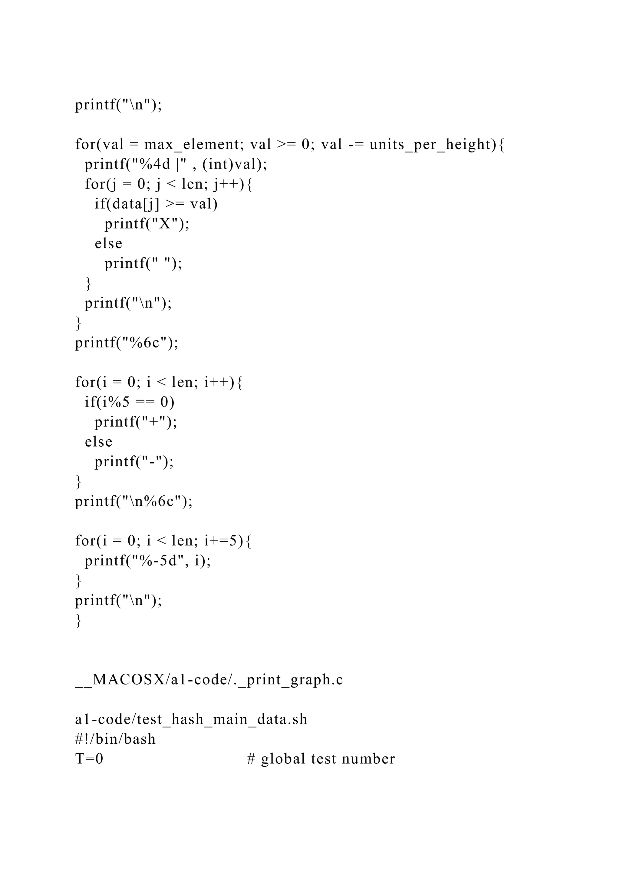 printf("n");
for(val = max_element; val >= 0; val -= units_per_height){
printf("%4d |" , (int)val);
for(j = 0; j < len; j++){
if(data[j] >= val)
printf("X");
else
printf(" ");
}
printf("n");
}
printf("%6c");
for(i = 0; i < len; i++){
if(i%5 == 0)
printf("+");
else
printf("-");
}
printf("n%6c");
for(i = 0; i < len; i+=5){
printf("%-5d", i);
}
printf("n");
}
__MACOSX/a1-code/._print_graph.c
a1-code/test_hash_main_data.sh
#!/bin/bash
T=0 # global test number
 