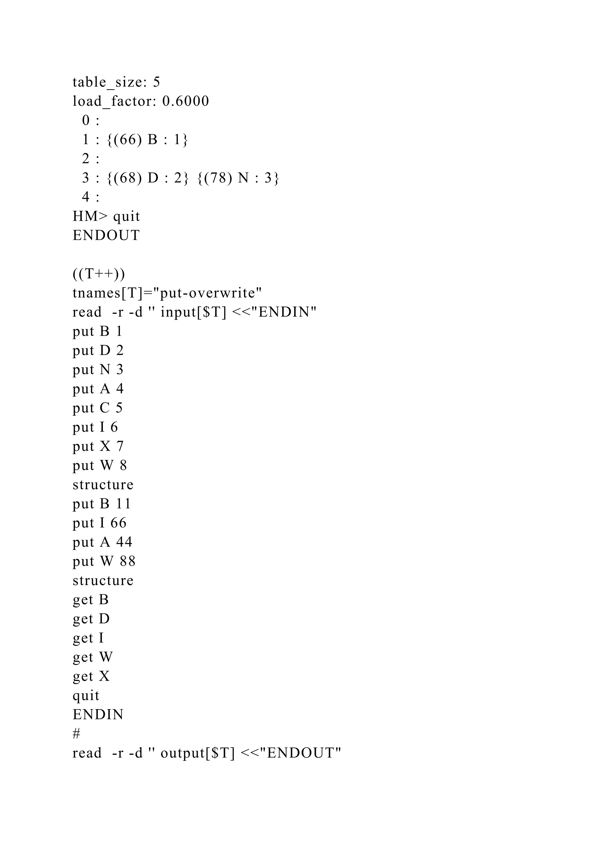 table_size: 5
load_factor: 0.6000
0 :
1 : {(66) B : 1}
2 :
3 : {(68) D : 2} {(78) N : 3}
4 :
HM> quit
ENDOUT
((T++))
tnames[T]="put-overwrite"
read -r -d '' input[$T] <<"ENDIN"
put B 1
put D 2
put N 3
put A 4
put C 5
put I 6
put X 7
put W 8
structure
put B 11
put I 66
put A 44
put W 88
structure
get B
get D
get I
get W
get X
quit
ENDIN
#
read -r -d '' output[$T] <<"ENDOUT"
 
